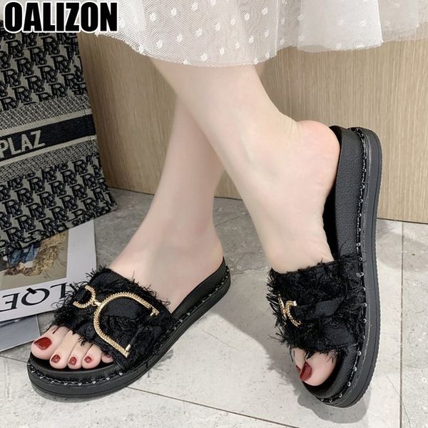 

slippers summer lady women metal buckle tassel adorn casual open toe thick sole flat loafers woman tasseled mules shoes r205, Black