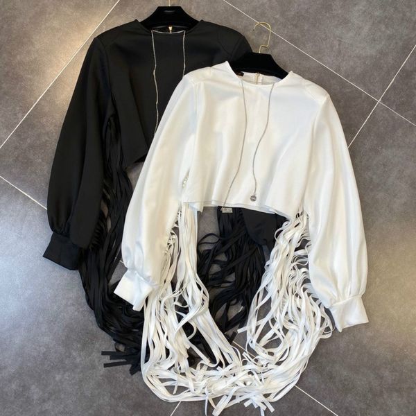 

деать 2020 весна новые поступления мода с длинным фонарь рукав o-образным вырезом назад молния кисточкой блузка женщины топ mi501, White