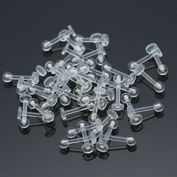 

100pc labret lip rings clear bio-plastic lip piercing bar 16g anti-allergic body piercing jewelry 8mm invisible wholesale, Silver