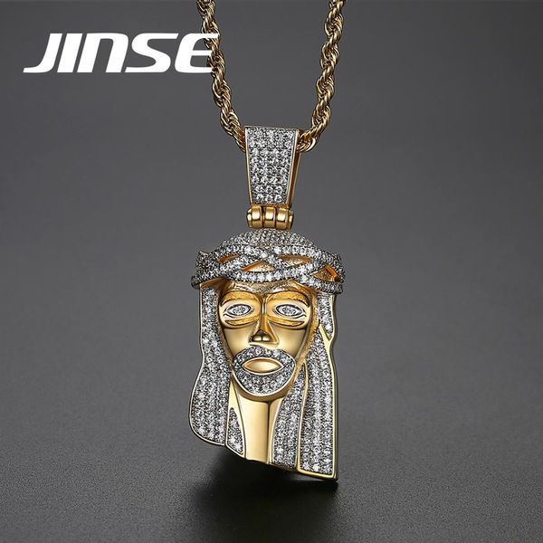 

jinse bling religious jesus face pendant & necklace rope chain iced out cubic zircon copper charm men's hip hop jewelry, Silver
