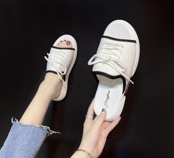 

women slippers sandals flat ladies shoes lace up summer peep toe home female plus size casual fashion 2020 woman new comfort, Black