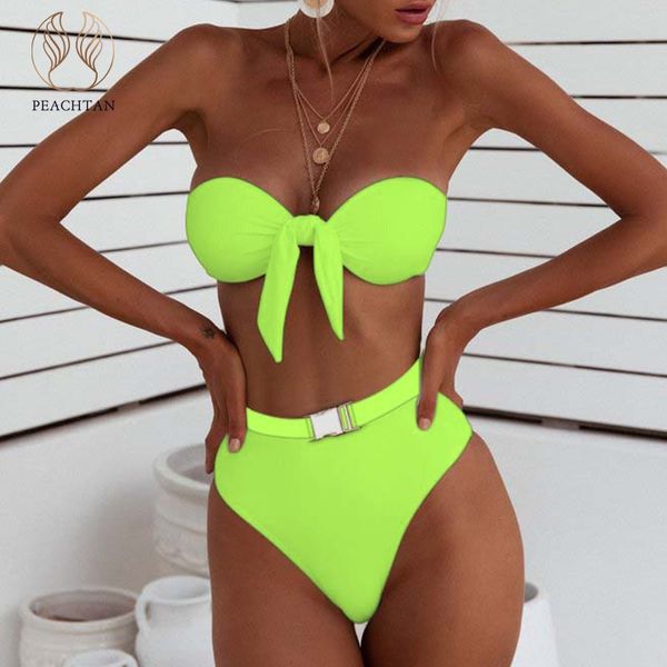 

peachtan high waist bikinis 2019 mujer bathing suit neon swimsuit push up buckle swimwear women bathers biquini summer new