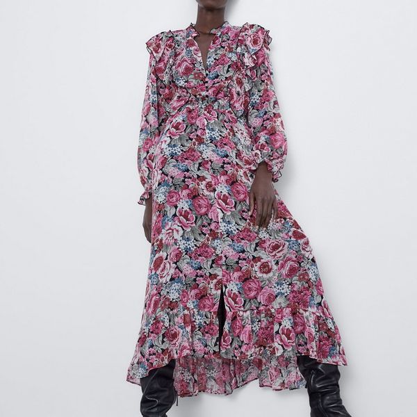 

женщины цветочные шифоновое платье осень 2019 новая мода полный рукав vintage печать шаблон современные леди оборками длинное платье, Black;gray