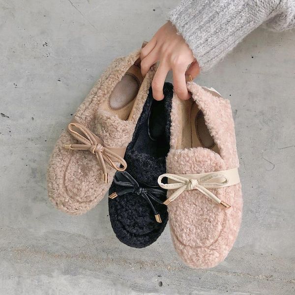 

round toe winter shoes women bow-knot slip-on casual female sneakers women's moccasins loafers fur all-match modis flats, Black
