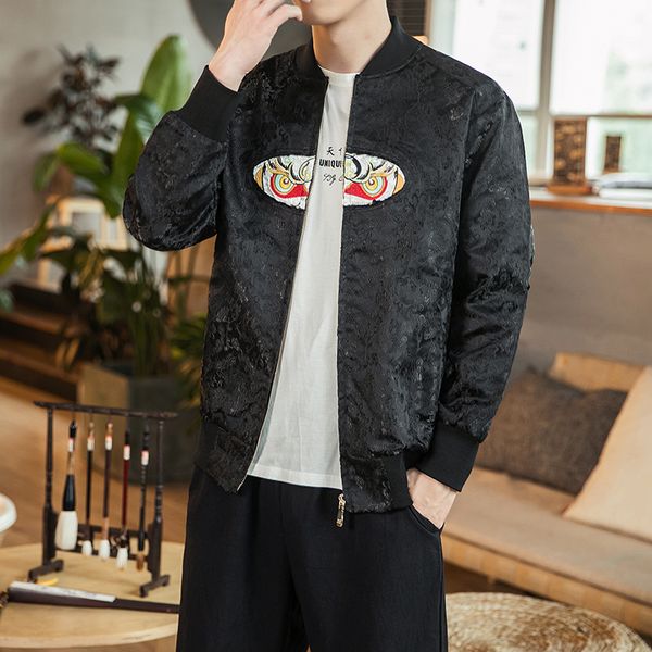 

мужчины бомбардировщик куртка пальто обезьяна вышивка китайский стиль тонкий повседневный пальто черный красный уличная куртка человек 2020, Black;brown