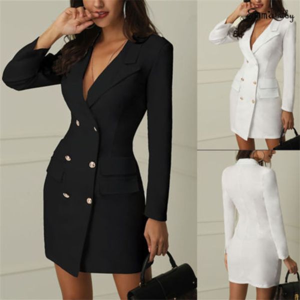 

fashion women winter warm slim v neck office lady coat double breasted chic blazer trendy coat long sleeve outerwear, White;black