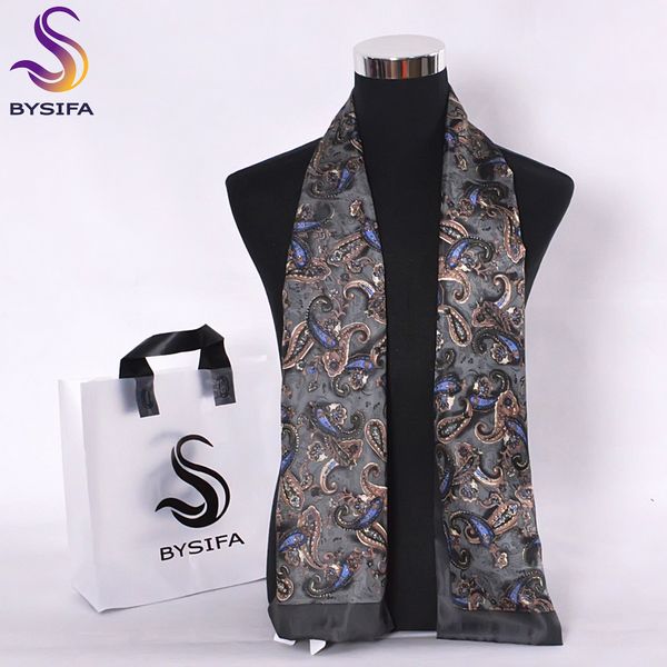 

bysifa men silk long scarves new fashion 100% pure silk male paisley scarf fashion accessories business scarves 160*26cm, Blue;gray