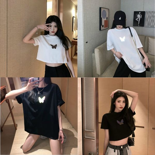 

women's short-sleeved t-shirt women 2020 hong kong style ins super fire reflective butterfly midi t-shirt butterfly loose, White