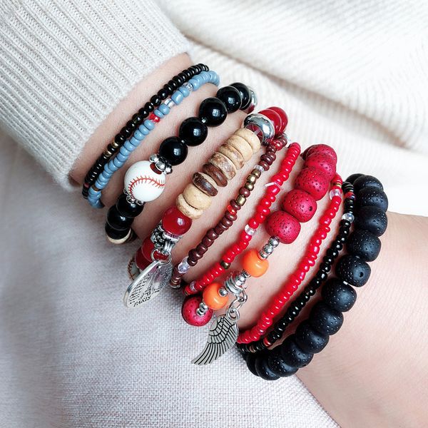 

colorful bohemian national style bracelet women's multi-layer elastic rice beads bracelet accessories, Black