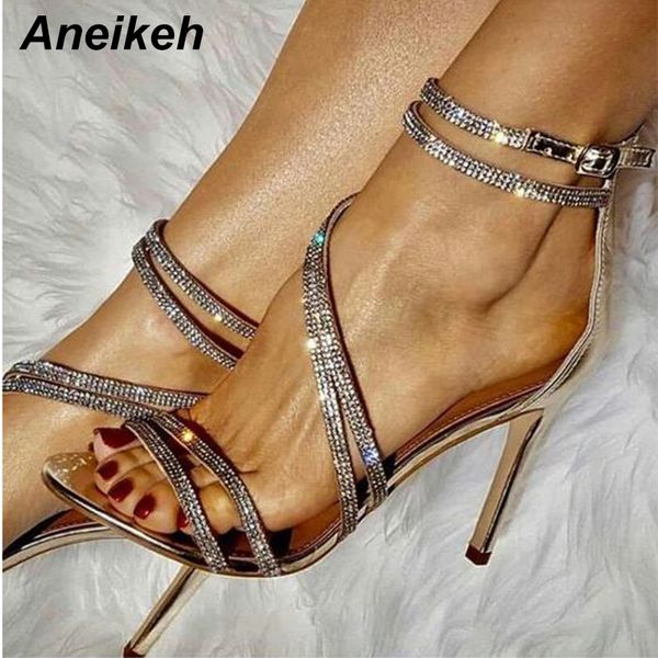 

aneikeh gold bling crystal women sandals open toe rhinestone straps cross high heel sandals wedding dress shoes size 35-40 cj191220, Black