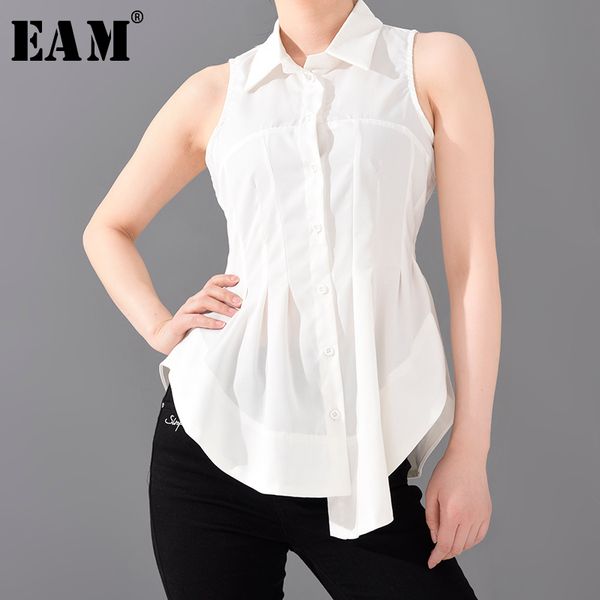 

eam] women white pleated irregular stitch blouse new lapel sleeveless loose fit shirt fashion tide spring summer 2020 1t97600