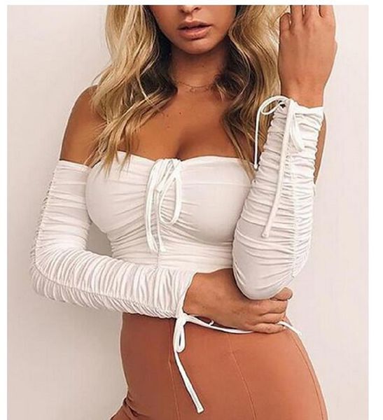 

2020 женская с плеча повязка растениеводство топы клубная одежда новое лето тонкий тощий ruched твердые повседневные тройник топы сексуальна, White