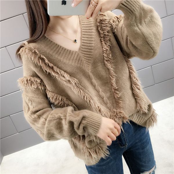 

2019 autumn new korean fashion trend women's v-neck solid color sweater women's lazy weathered fiber blend material knit bottoming, White;black