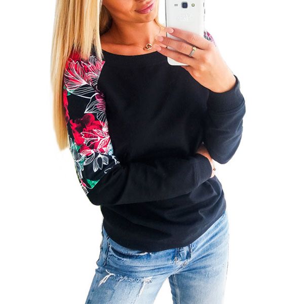 

осень-зима женская толстовка с капюшоном 2018 цветочные лоскутное повседневная толстовка реглан рукава пуловеры pull femme sj460e, Black