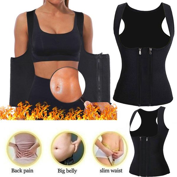 

women adjustable bodysuit double front zipper waist trainer vest for weightloss compression sweat shapers slimming belt fitness, Black;gray