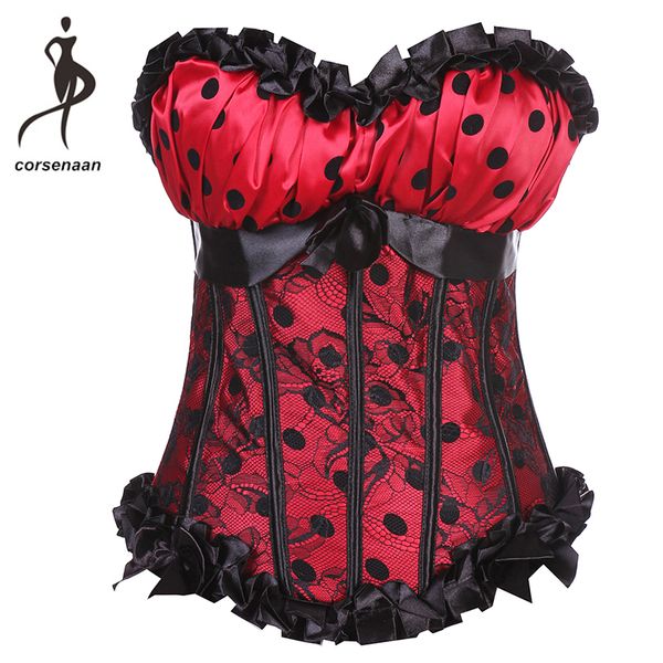

removable straps side zip closure overlay lace up boned corsets ruffled polka dot corset bustier overbust 8899#, Black;white