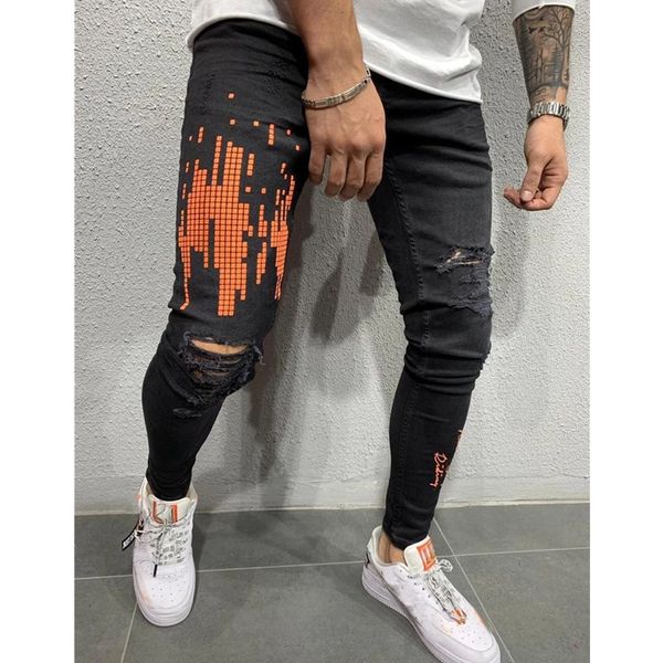 

fashion men's skinny ripped jeans biker autumn hole casual frayed stretchy denim slim fit long pant trousers, Black