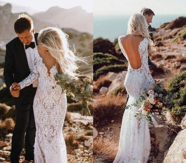 

full lace open back mermaid wedding dresses lace long sleeves beach garden country church bride bridal gown custom made illustion v neck, White