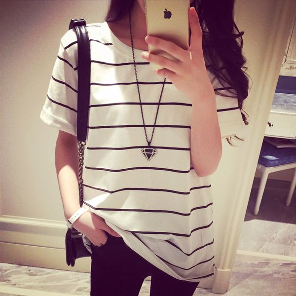 

2020 casual summer women classic loose striped short sleeved t-shirt korean clothes girl pink kawaii o-neck t shirt, White
