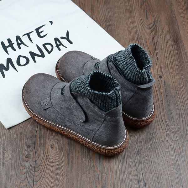 

boots mori girl big head doll shoe handmade wool mouth ankle boots literary retro thick-sole plus velvet warm short, Black