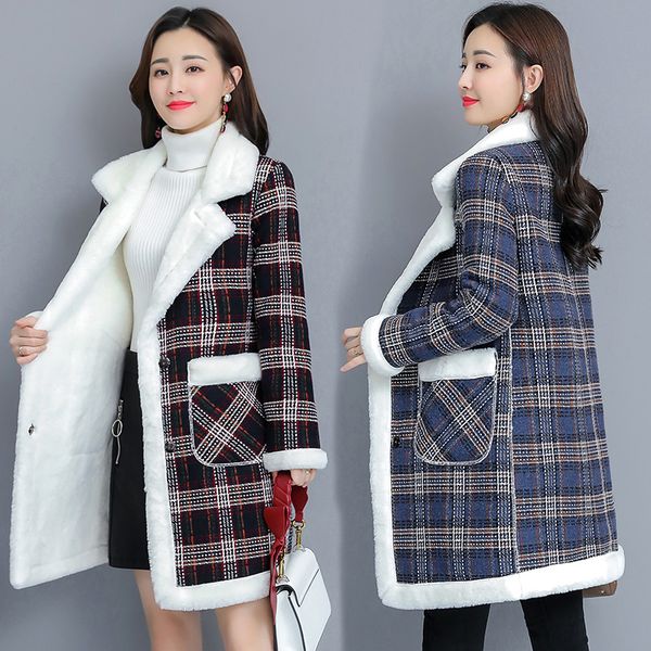 

2018 women black plaid long woolen coat trench spliced loose warmer thick single breasted turn-down collar winter coats female