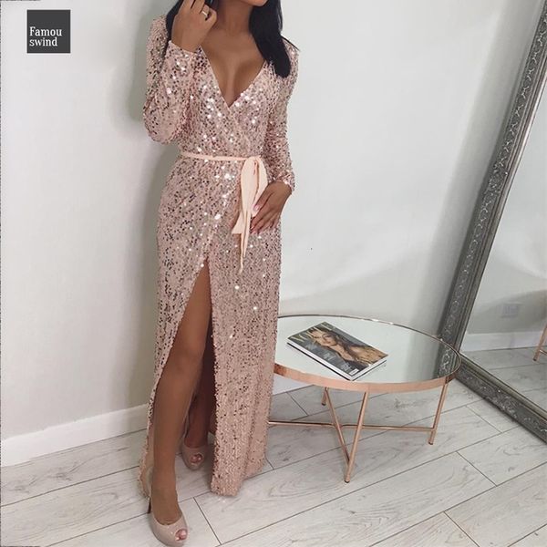 

vestidos maxi dress women high split long dress ankle length solid v neck autumn winter dresses sequin, Black;gray