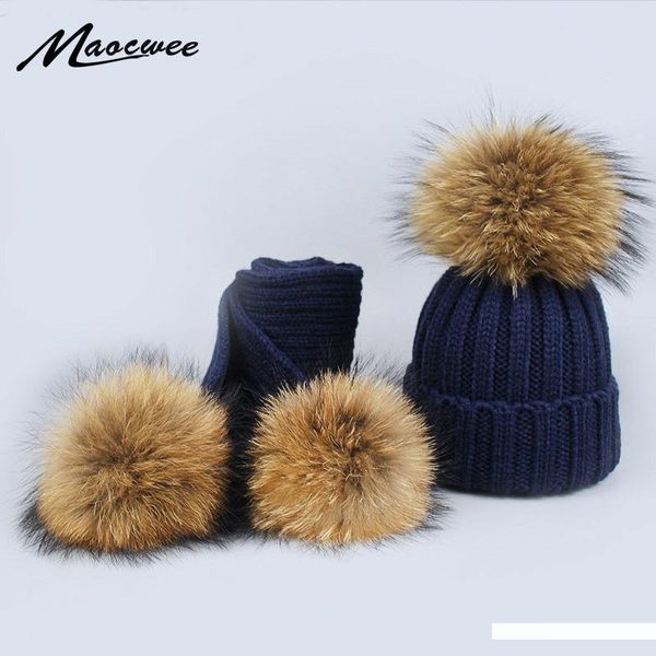

new 2 pieces set children winter hat scarf for girls hat real raccoon fur pom pom beanies woman cap knitted winter hat wholesale s1020, Blue;gray