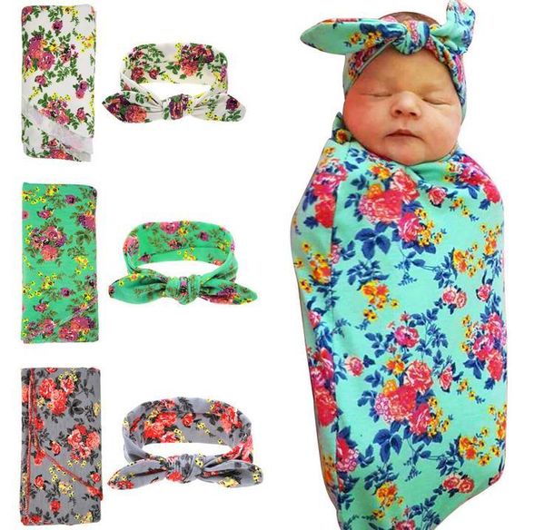 

retail newborn baby floral receiving blankets swaddling cotton blankets with headband pgraphy props 90*90cm pj008
