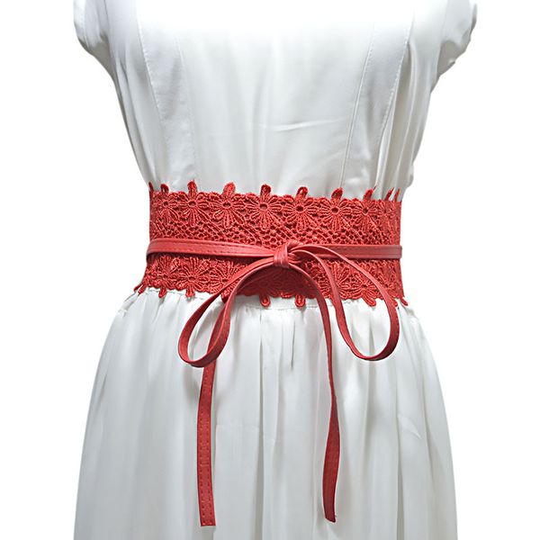 

2019 elegant pu leather lace corset belts for women red yellow black wide waist belt ladies dress starps waistband 15 colors, Black;brown
