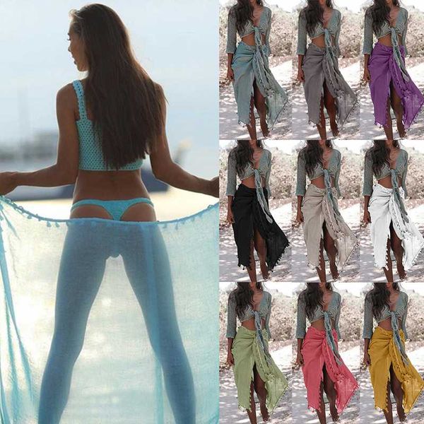 

women semi-sheer swimwear cover ups short skirt with tassels, Blue;gray