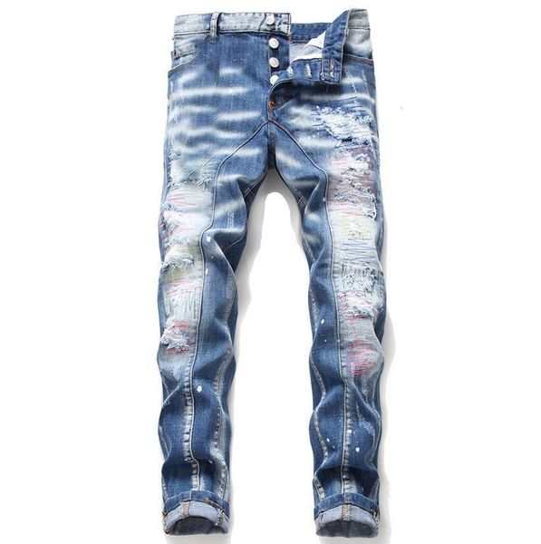 

топы мужские рваные slim fit тощие светло-голубые джинсы модельер стирал мотоцикл джинсовые брюки обшитые панелями хип-хоп байкер брюки 1047, Blue