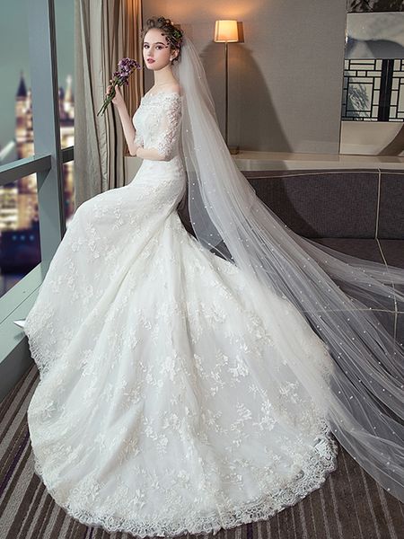 One Shoulder Wedding Dress French Princess With Long Sleeves And