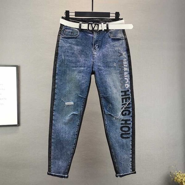 

women's trousers ab face hit color 2020 spring new loose was thin hole rhinestone feet pants, Blue