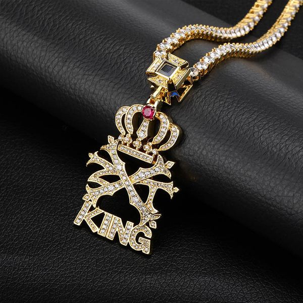 

hip hop personality crown pendant micro inlaid zircon with 4 mm gold tennis chain popular men women jewelry, Silver