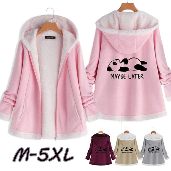

jaycosin women's fashion winter coats panda print pocket zipper long sleeve plush hooded coat large size femme holiday clothes, Black