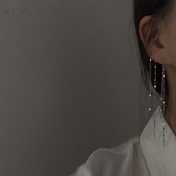 

aomu korea design s925 sterling silver pin double side long tassel thin metal link chain drop earrings for women girl gift