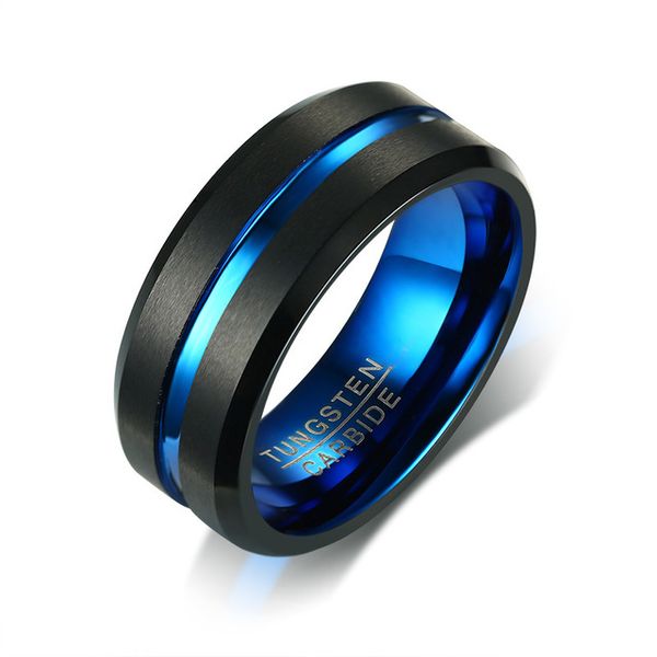 Banda de Casamento Masculina Dois Tom 8mm Anel de Carboneto de Tungstênio Preto para Homens Grooved em Centro Escoado Bordas Beveled Masculino Jóias