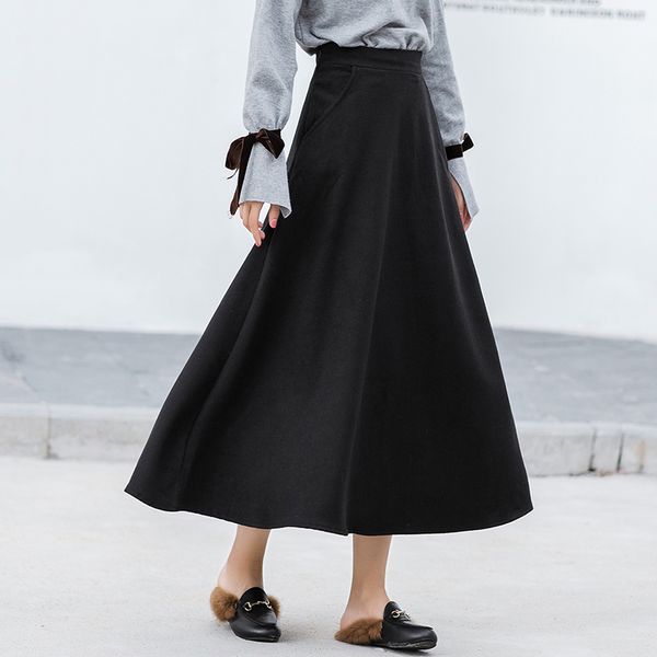 

autumn winter woolen skirt women warm thick high waist skirts casual a-line wool skirt female elastic big swing long s1232, Black