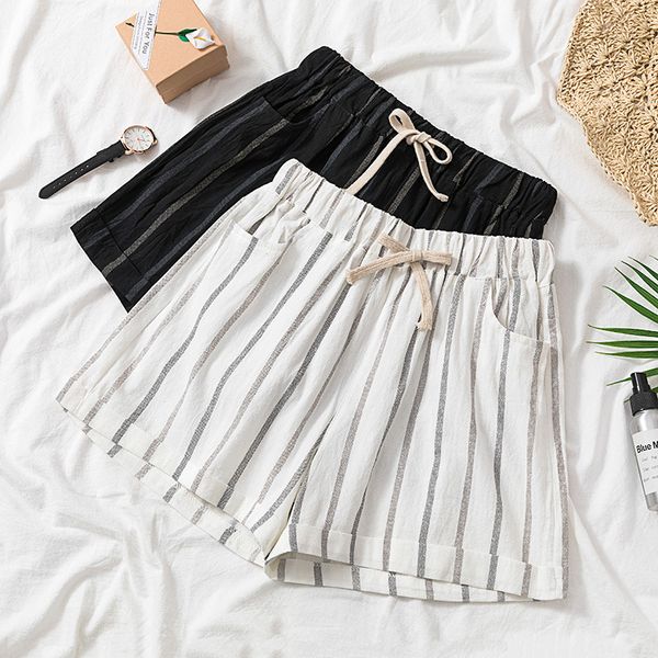 

shorts women summer cotton and linen high waist plus size stripe casual loose drawstring femme short 4xl, White;black