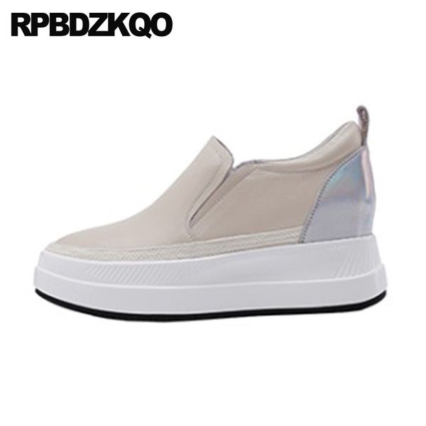 

genuine leather china fashion designer elevator creepers platform shoes wedge women round toe muffin thick sole real slip on, Black