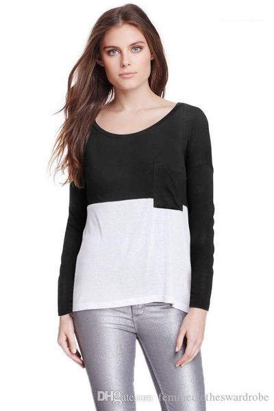 

autumn casual slim long sleeved crew neck t shirts womens fashion tees womens designer t shirts two-color panelled, White