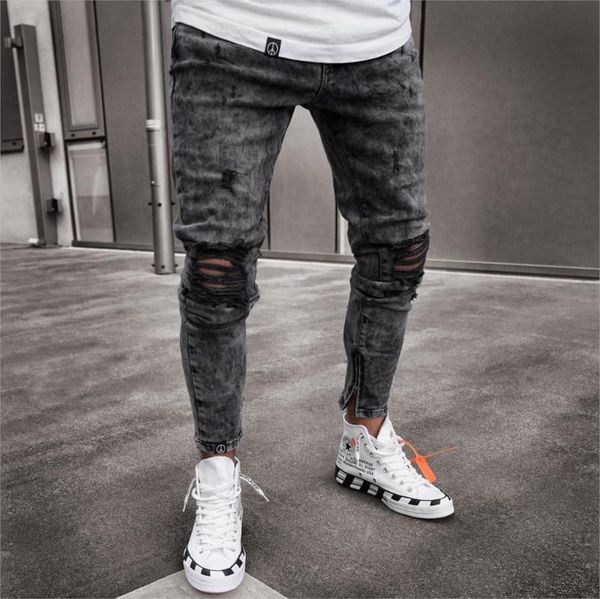 

new men ripped hole denim jeans slim hip hop skinny pencil pants for male zipper high street stretch zipper jeans, Blue