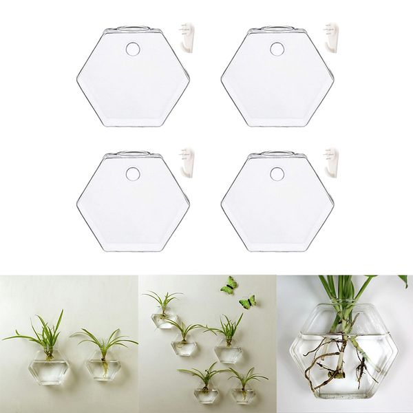

4 pack wall hanging glass terrariums planter flower vase for hydroponics plants, home office living room decor, hexagon, 13cm
