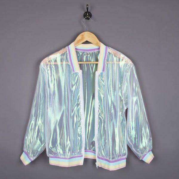 

jacket rainbow bomber clear iridescent symphony hologram basic coat laser transparent nice high quality, Black;brown