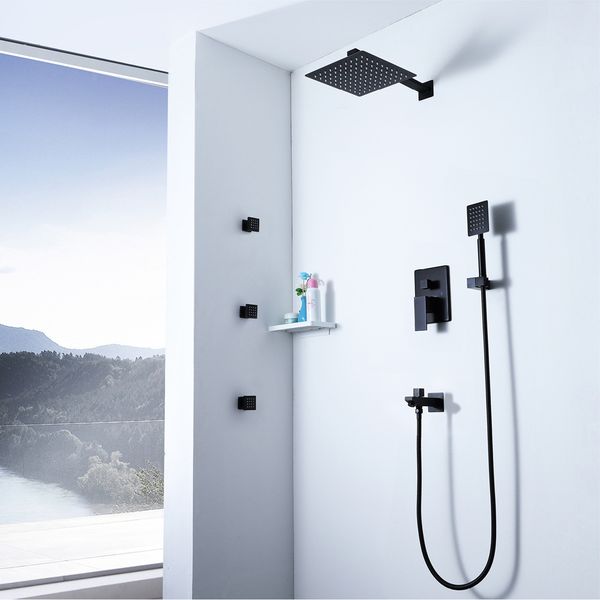 

ultra-thin rainfall black shower head and cold brass shower faucets embedded box with shower body jets massage