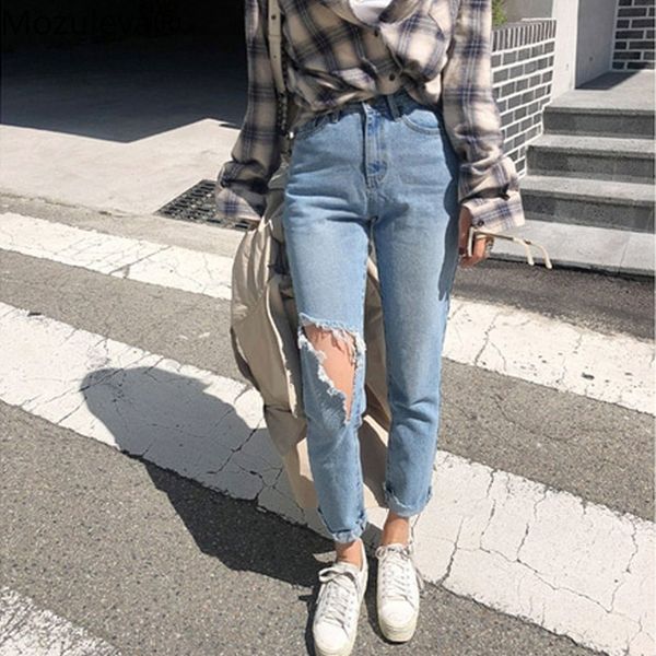 

mozuleva 2019 vintage bleached mid waist women jean streetwear loose straight boyfriend jean stretchable ripped hole women, Blue
