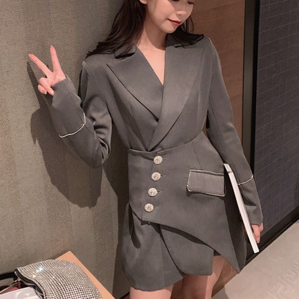 

2020 new summer and autumn turn-down collar full sleeves single breasted seseal patchwork gray color two pieces set u639, White