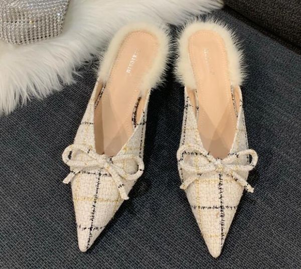 

pointed toes woven knit fashion women half med heels stilettos mules loafer casual feminine slippers slides sandalias shoes 5324, Black