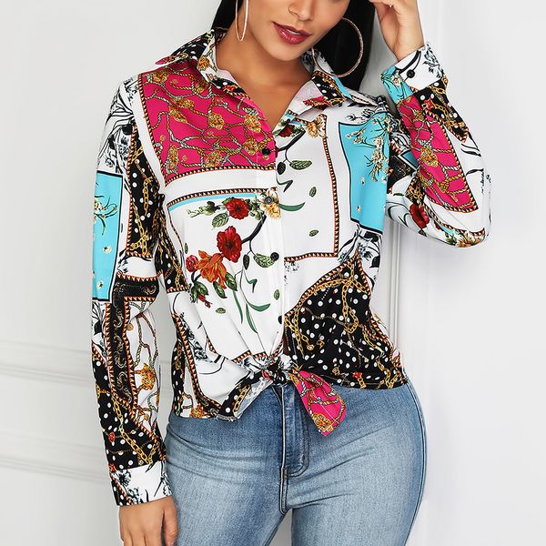 

2019 spring vintage boho chain print blouse women long sleeve shirts blusas femininas elegante, White