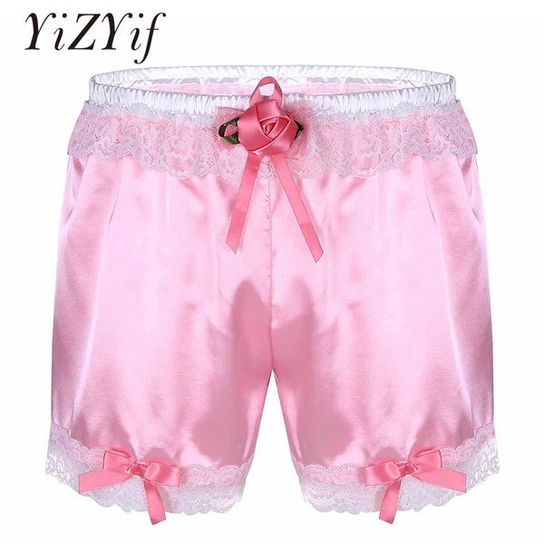 

yizyif boxers men sissy satin panties wear lingerie shiny soft satin floral lace rose flower bowknots loose boxer shorts panties, Black;white